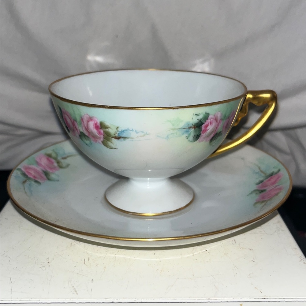 1912 Signed Cora McGarry Rosenthal Cabinet Pedestal Cup & Saucer Set